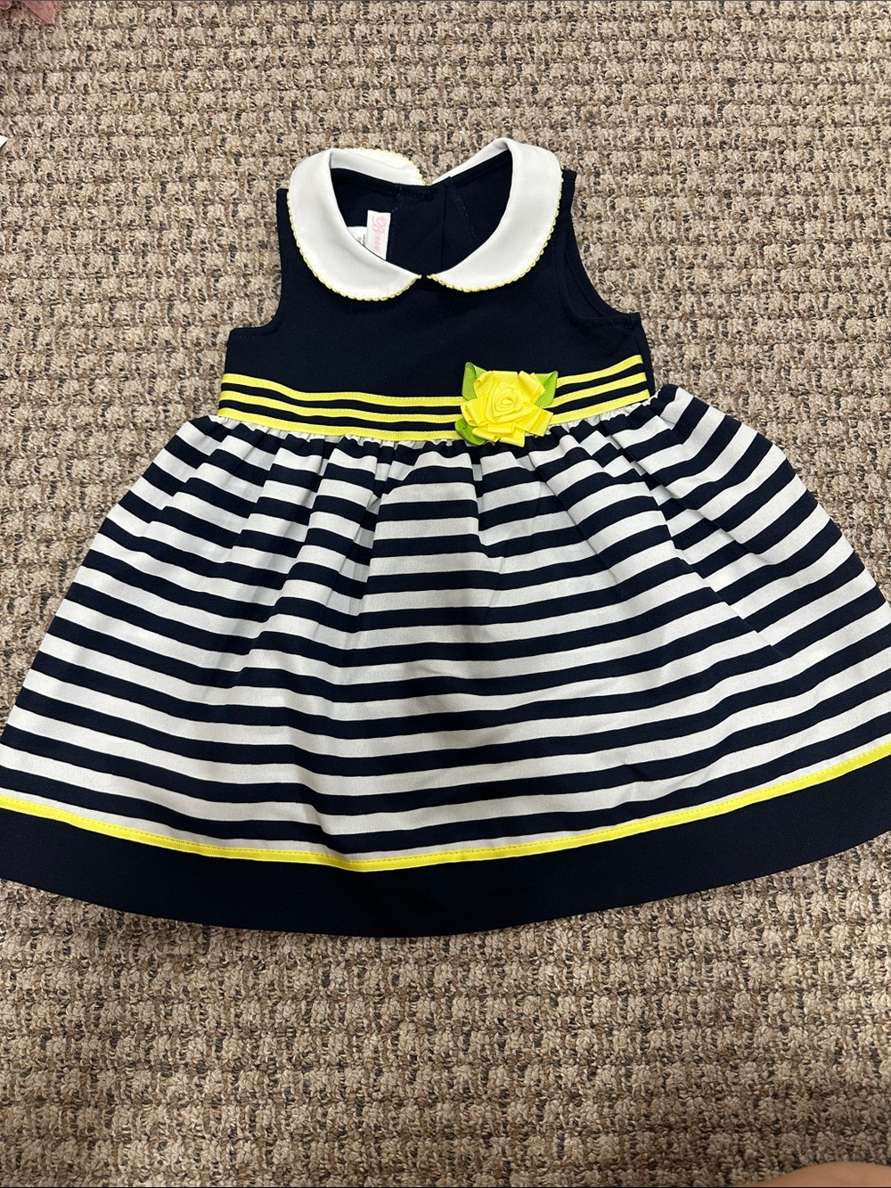 Bonnie Baby Navy, White & Yellow Striped Dress with Flower Trim